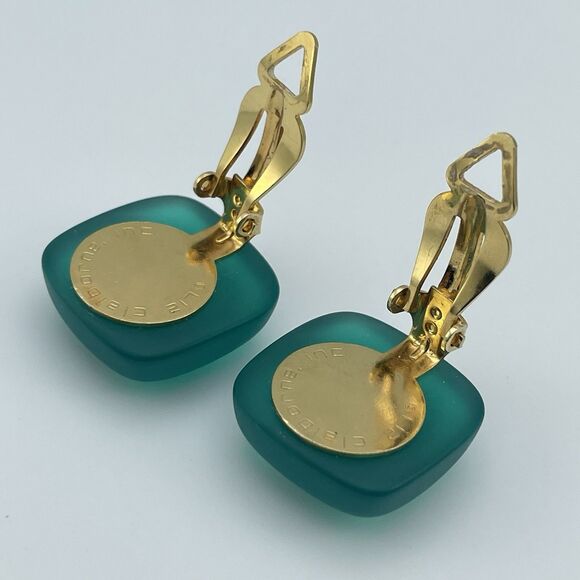 Vintage Liz Claiborne Green Square Swirl Lucite Clip On Stud Earrings Gold Tone - Picture 2 of 7